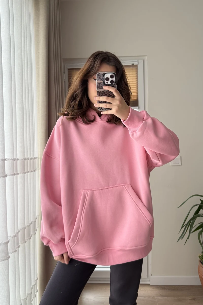 Oversize Kapüşonlu 3 İplik Şardonlu Sweatshirt Pembe