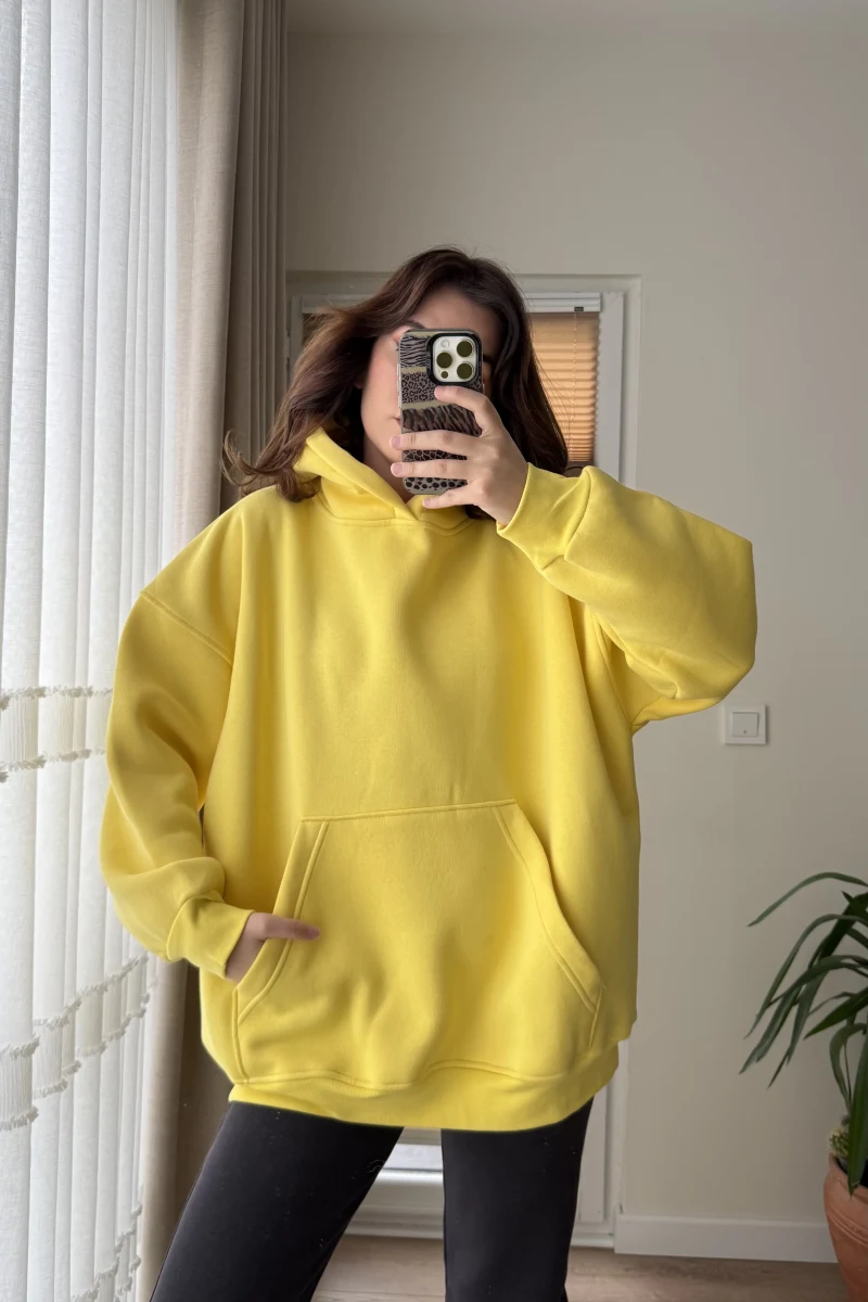 Oversize Kapüşonlu 3 İplik Şardonlu Sweatshirt Sarı