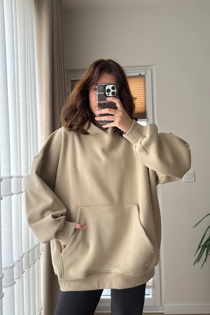 Oversize Kapüşonlu 3 İplik Şardonlu Sweatshirt Taş