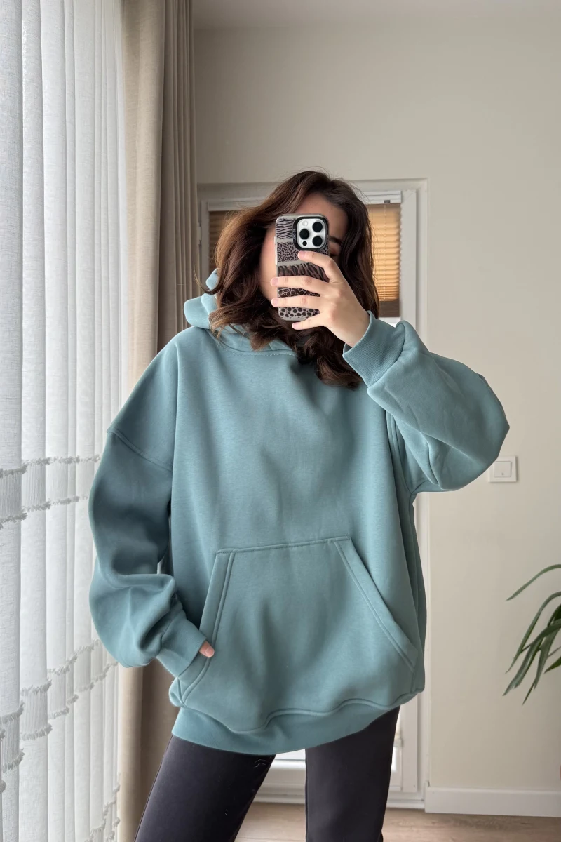 Oversize Kapüşonlu 3 İplik Şardonlu Sweatshirt Turkuaz