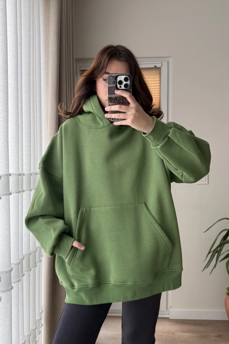 Oversize Kapüşonlu 3 İplik Şardonlu Sweatshirt Yeşil