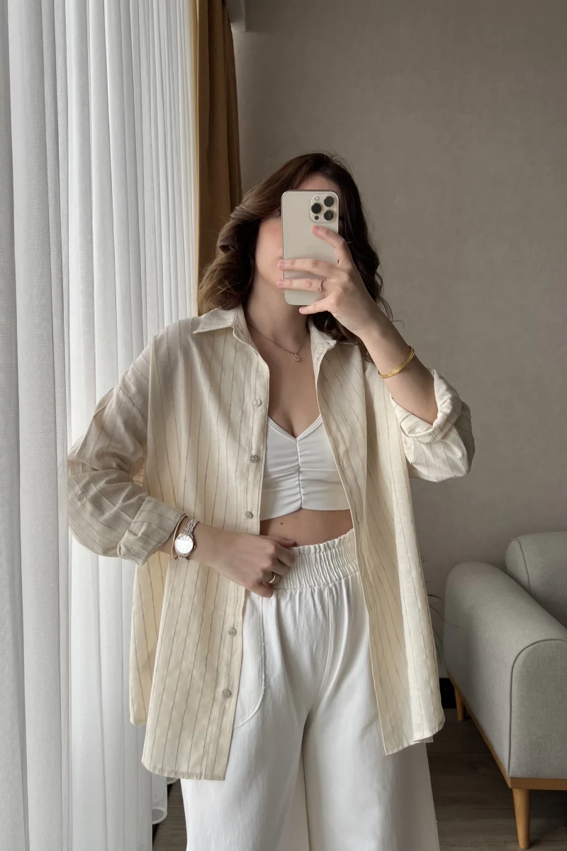 Oversize Keten Çizgili Ekru Gömlek