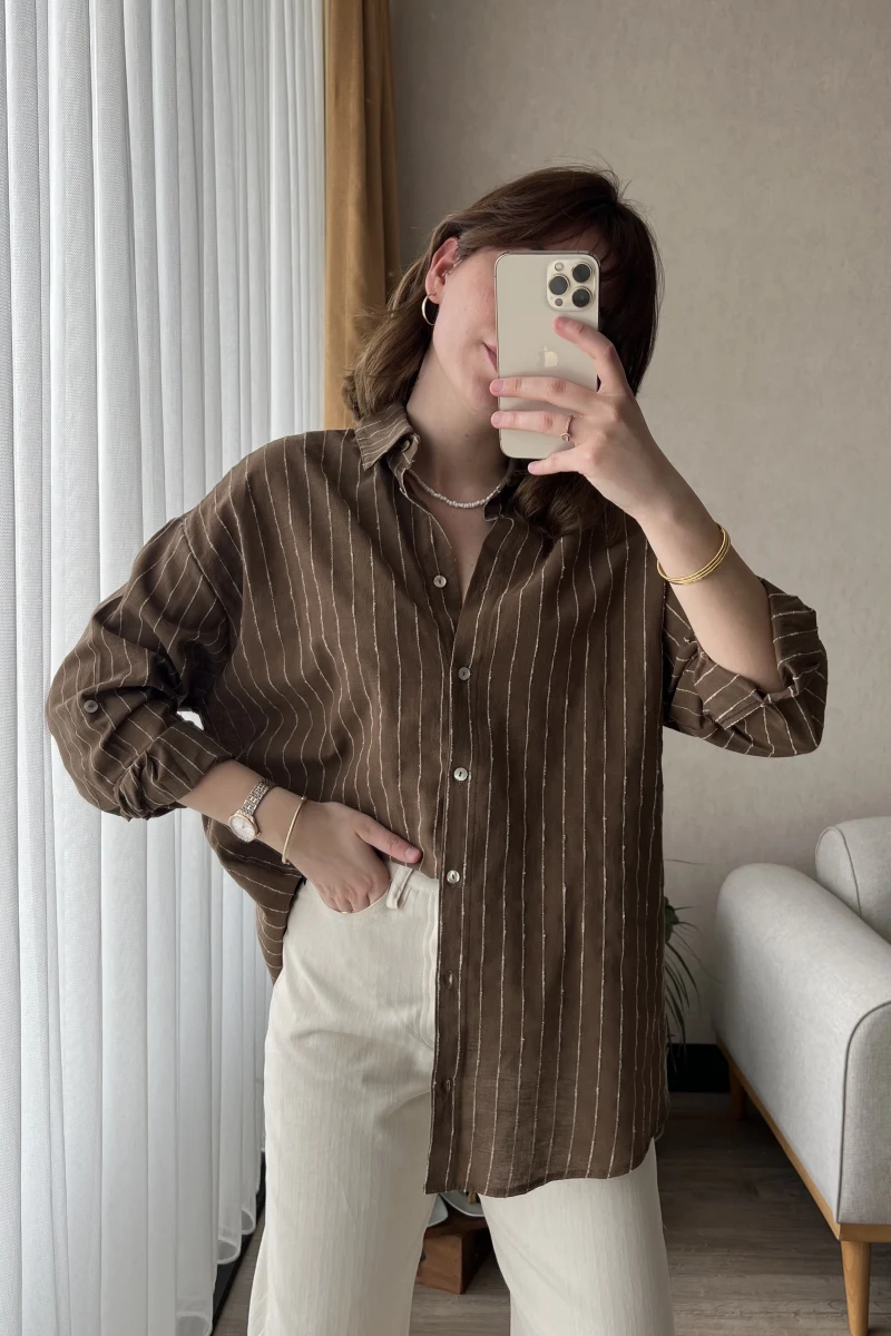 Oversize Keten Çizgili Kahverengi Gömlek
