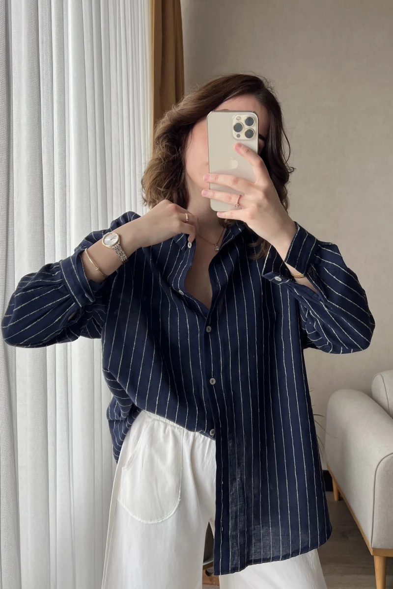 Oversize Keten Çizgili Lacivert Gömlek