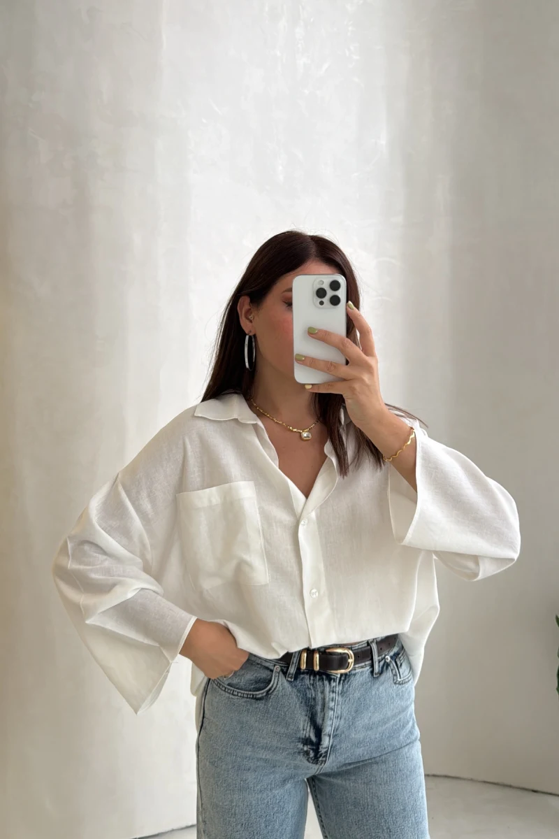 Oversize Keten Uzun Kol Gömlek - Beyaz - Kod: 5014