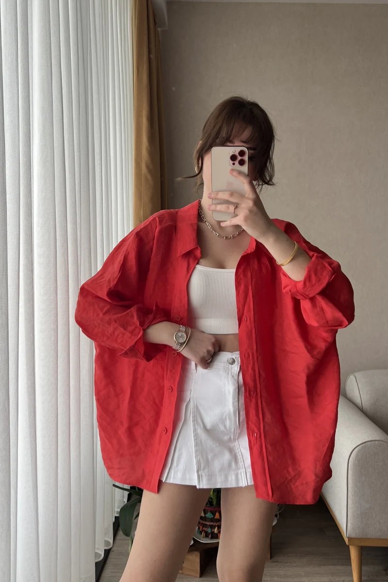 Kırmızı Oversize Tensel Gömlek Kod: 4612