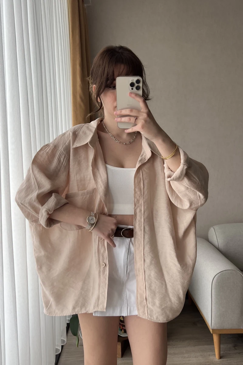 Krem Oversize Tensel Gömlek Kod: 4612