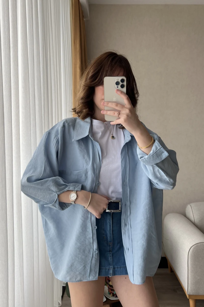 Mavi Oversize Tensel Gömlek Kod: 4612
