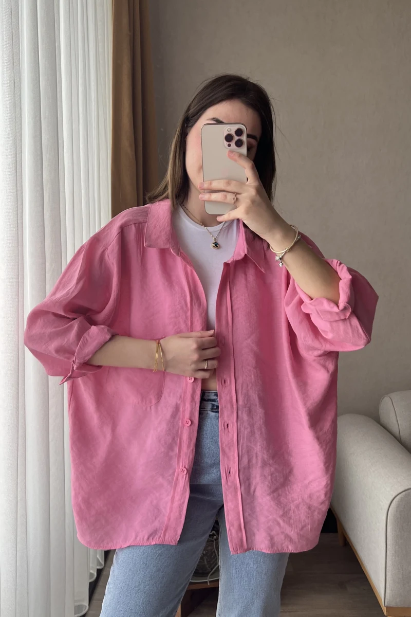 Pembe Oversize Tensel Gömlek Kod: 4612