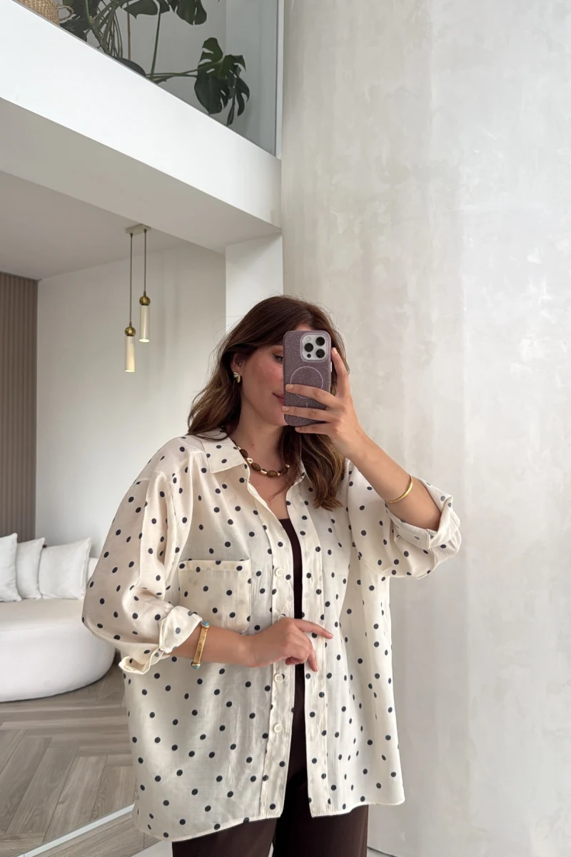 Oversize Puantiye Desenli Gömlek - Krem - Kod: 5092