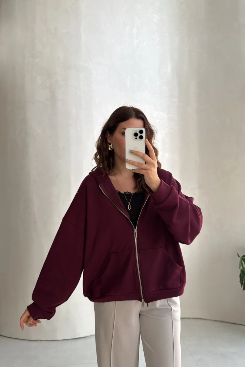 Oversize Pul Detay Ajurlu Kapüşonlu Hırka - Mürdüm - Kod: 4196