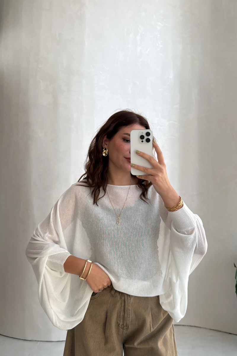 Oversize Transparan Pelerin Bluz - Beyaz - Kod: 2833