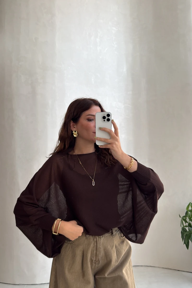 Oversize Transparan Pelerin Bluz - Kahve - Kod: 2833
