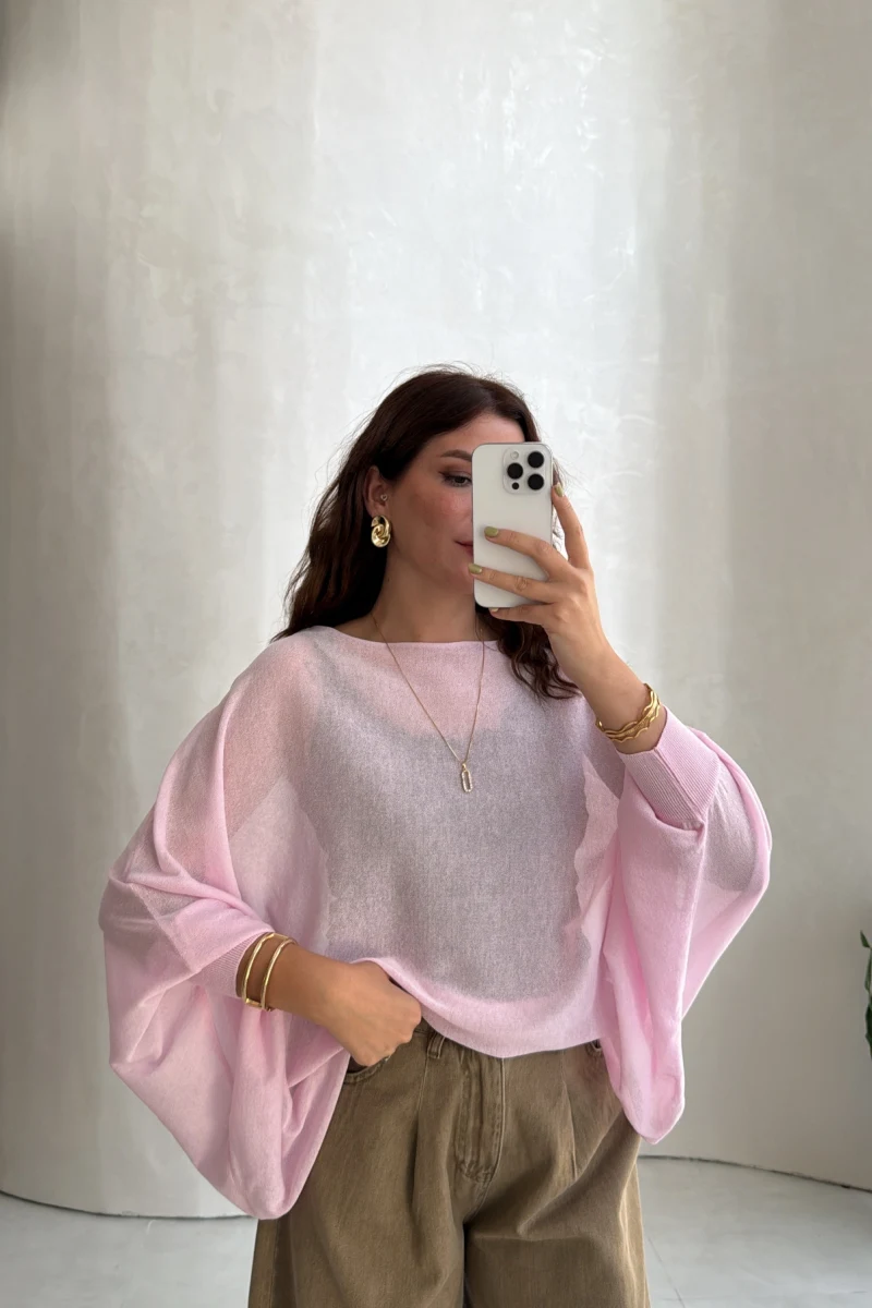 Oversize Transparan Pelerin Bluz - Pembe - Kod: 2833