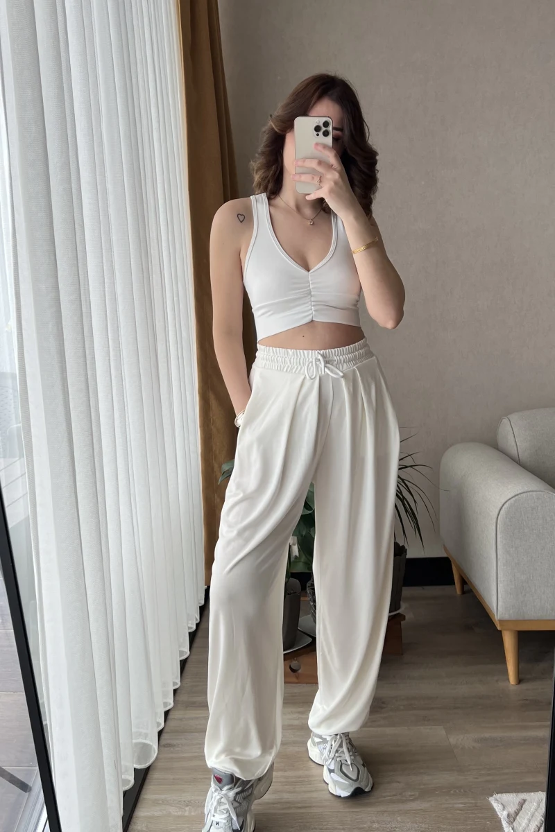 Oys Beyaz Dökümlü Şalvar Pantolon