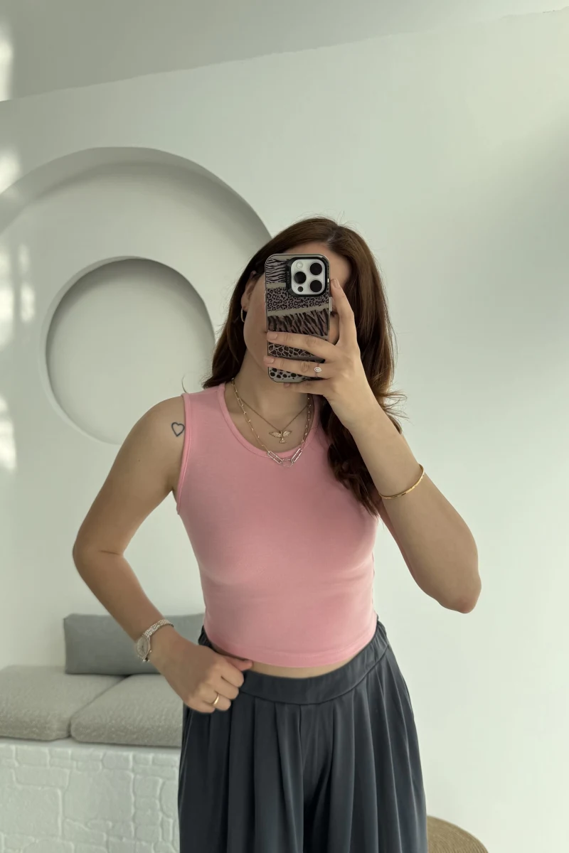 Oys Crop Halter Yaka Pembe