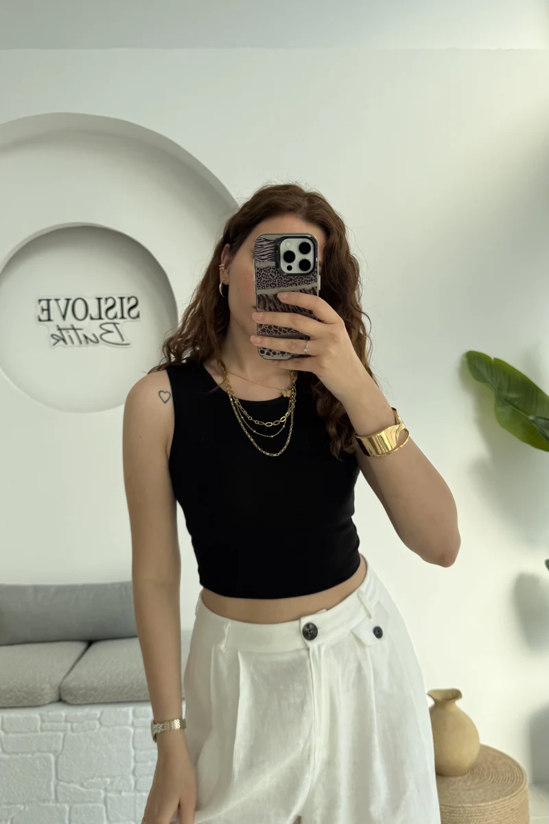 Oys Crop Halter Yaka Siyah