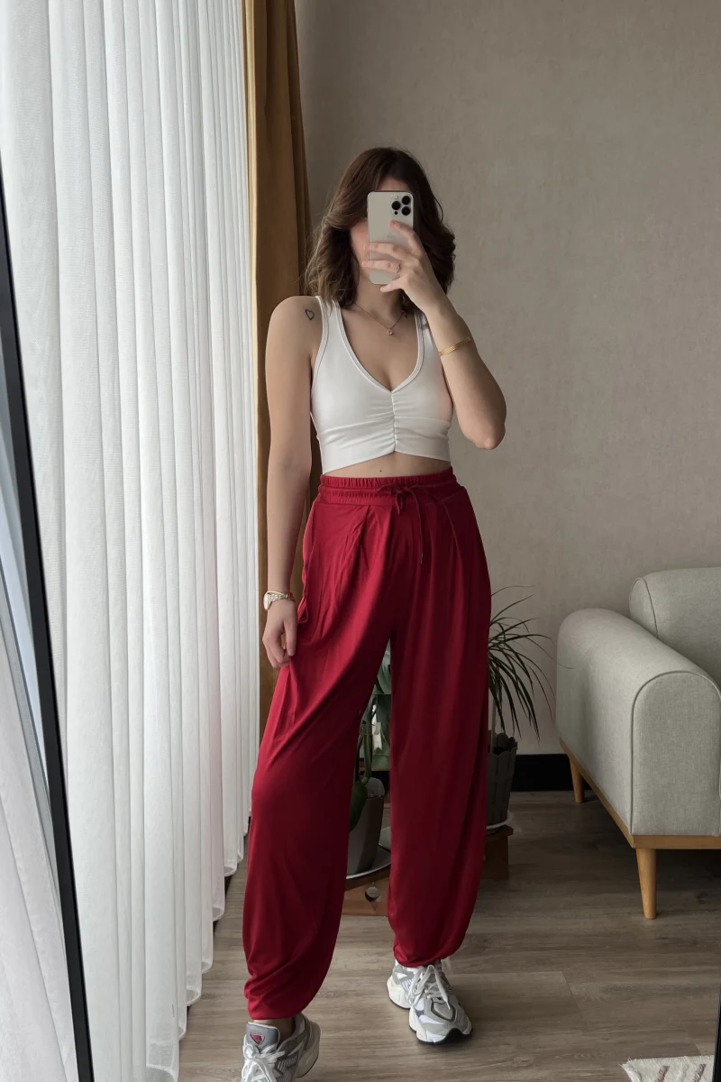 Oys Kırmızı Dökümlü Şalvar Pantolon