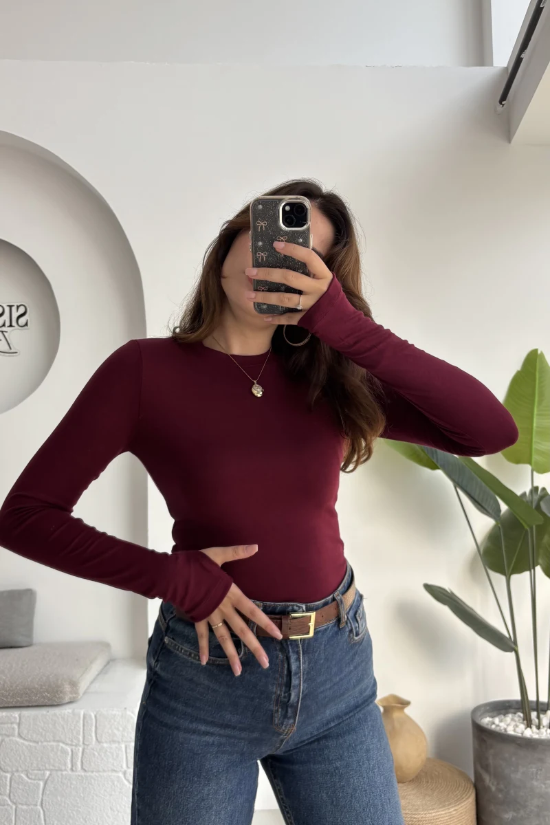 Oys Koyu Bordo Parmak Geçmeli Body