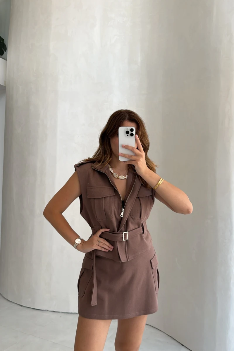 Oys Model Kemerli Yelek Takım - Kahve - Kod: 1042