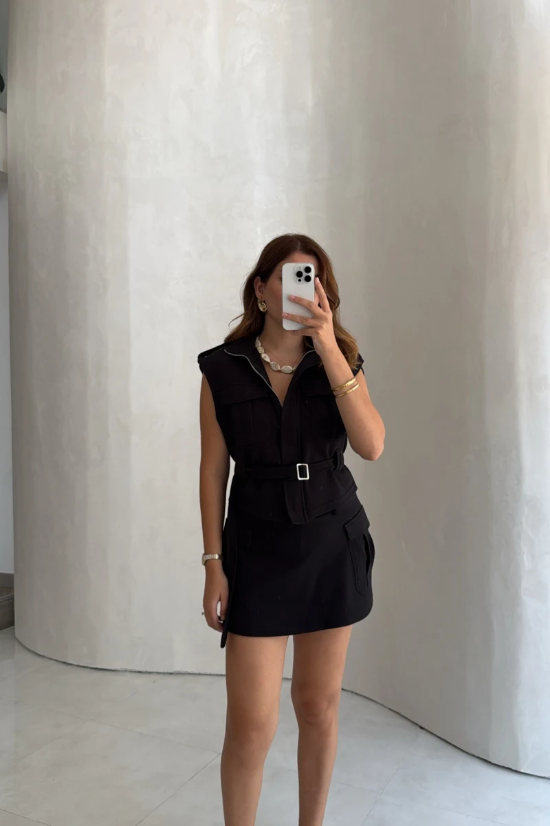 Oys Model Kemerli Yelek Takım - Siyah - Kod: 1042