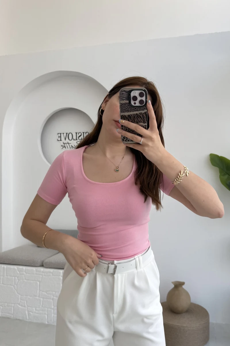 Oys U Yaka T-Shirt Pembe