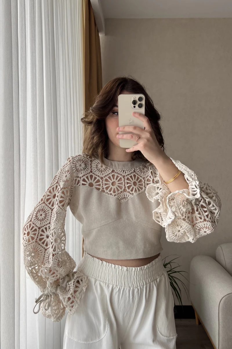 Özel Tasarım Dantel Keten Bluz