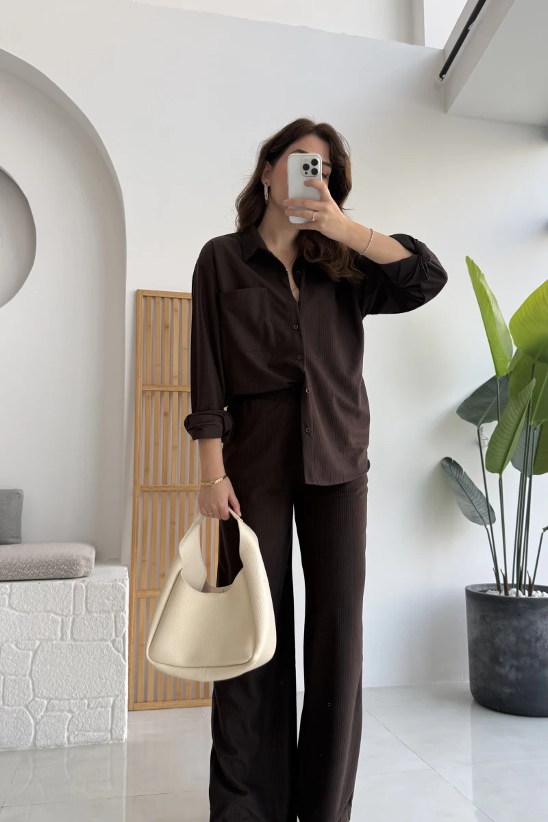 Paloma Fitilli Gömlek Pantolon Takım - Kahverengi - KOD:6033