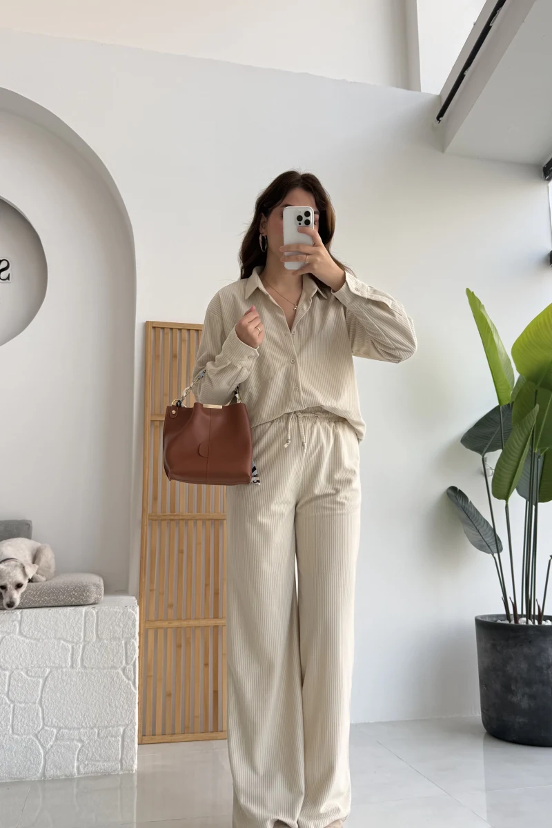 Paloma Fitilli Gömlek Pantolon Takım - Krem - KOD:6033