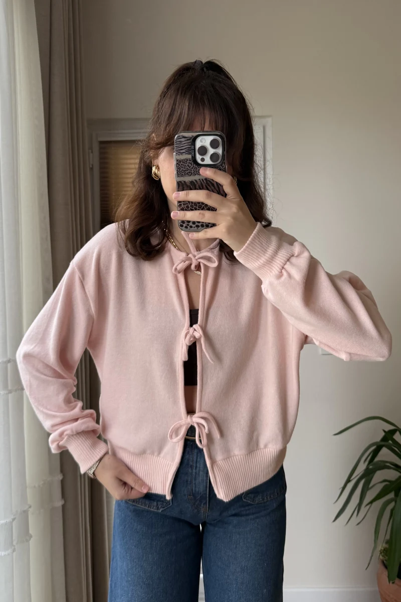 Pamuk Kumaş Bağlamalı Pembe Hırka