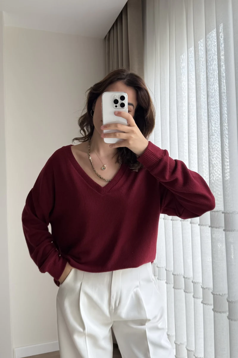 Pamuk Kumaş V Yaka Bordo Kazak