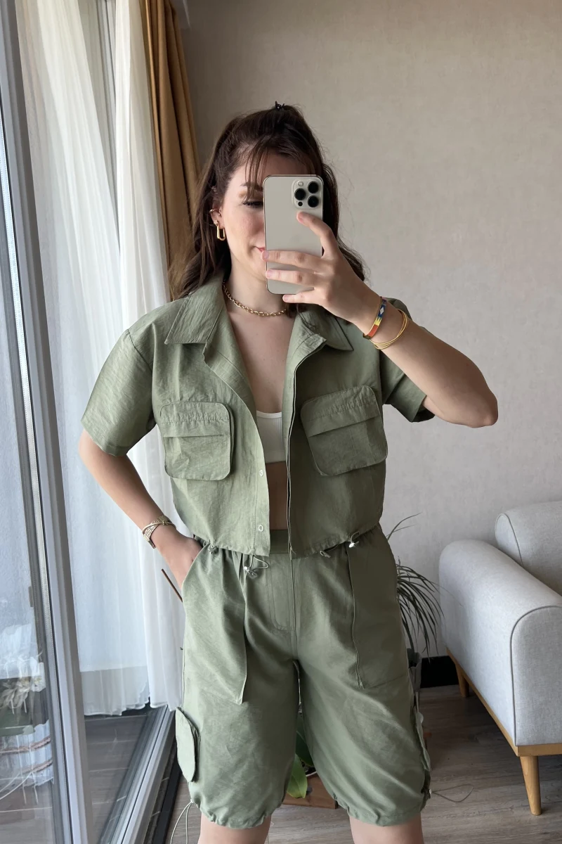 Paraşüt Kumaş Haki Şortlu Gömlek Takım