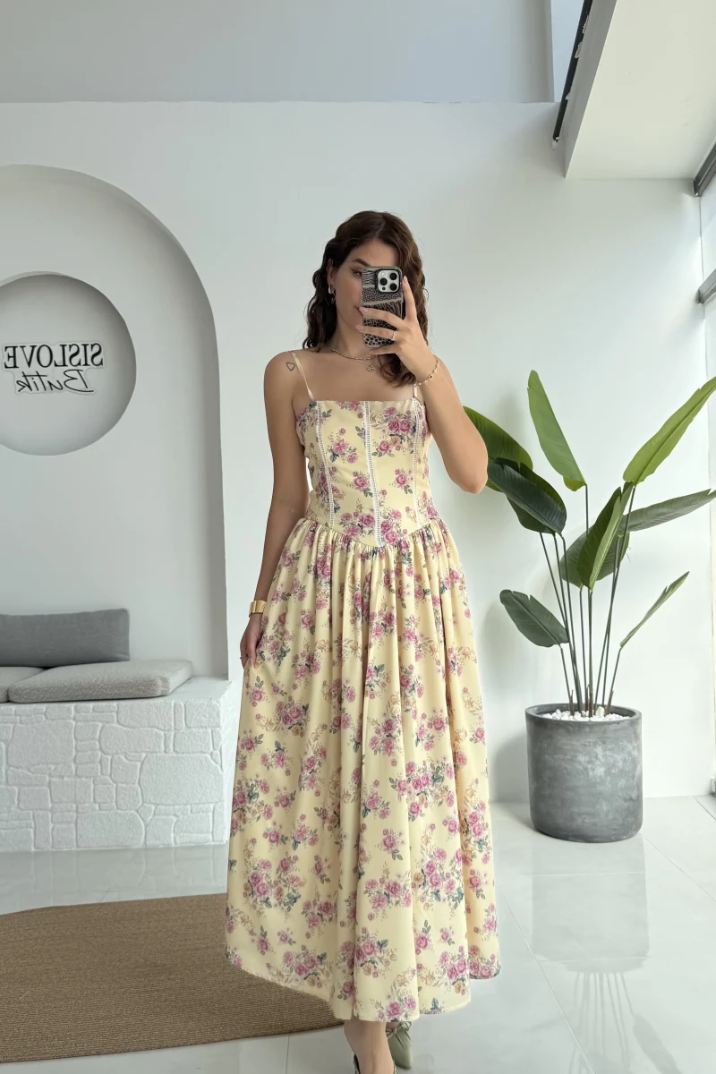 Paris Korse Detay Elbise - Bej - 00673