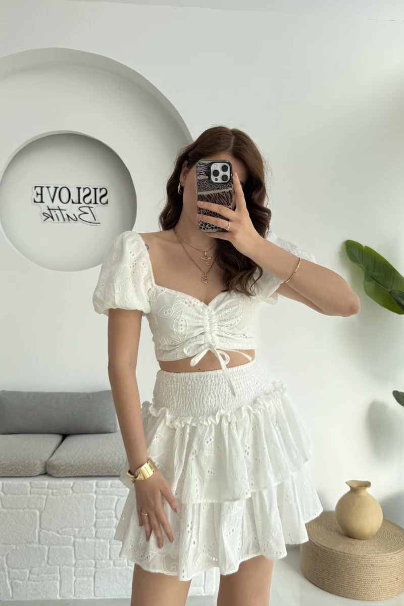 Party Etek Crop Takım Beyaz