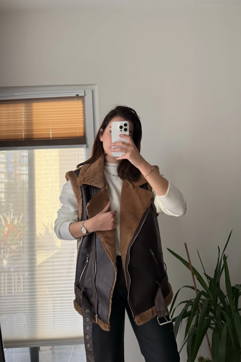 Patrice Biker Kürklü Deri Yelek Acı Kahve