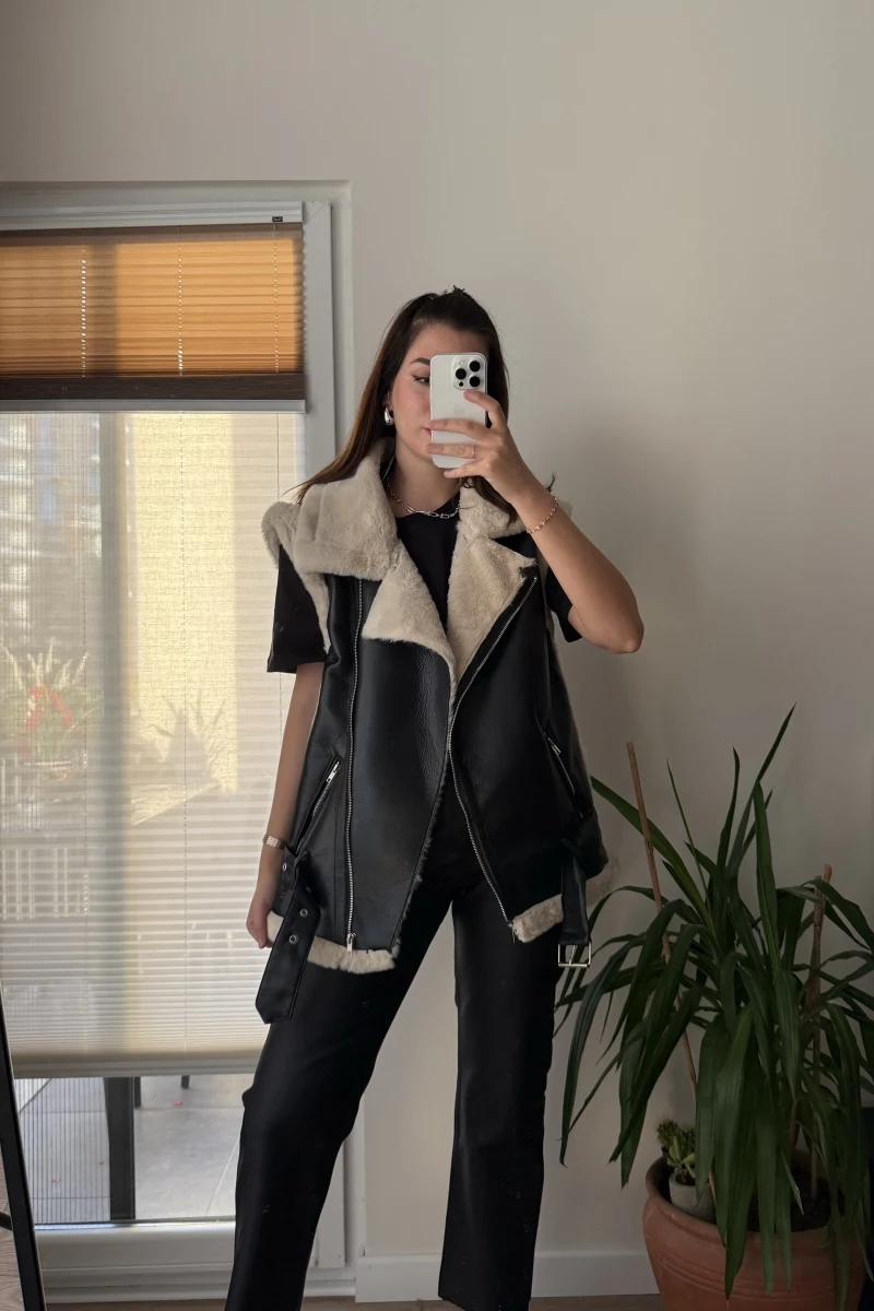 Patrice Biker Kürklü Deri Yelek Siyah