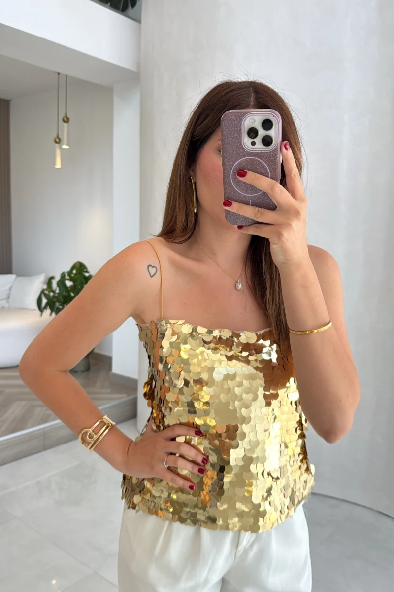 Payetli İp Askılı Bluz - Gold - Kod: 071950