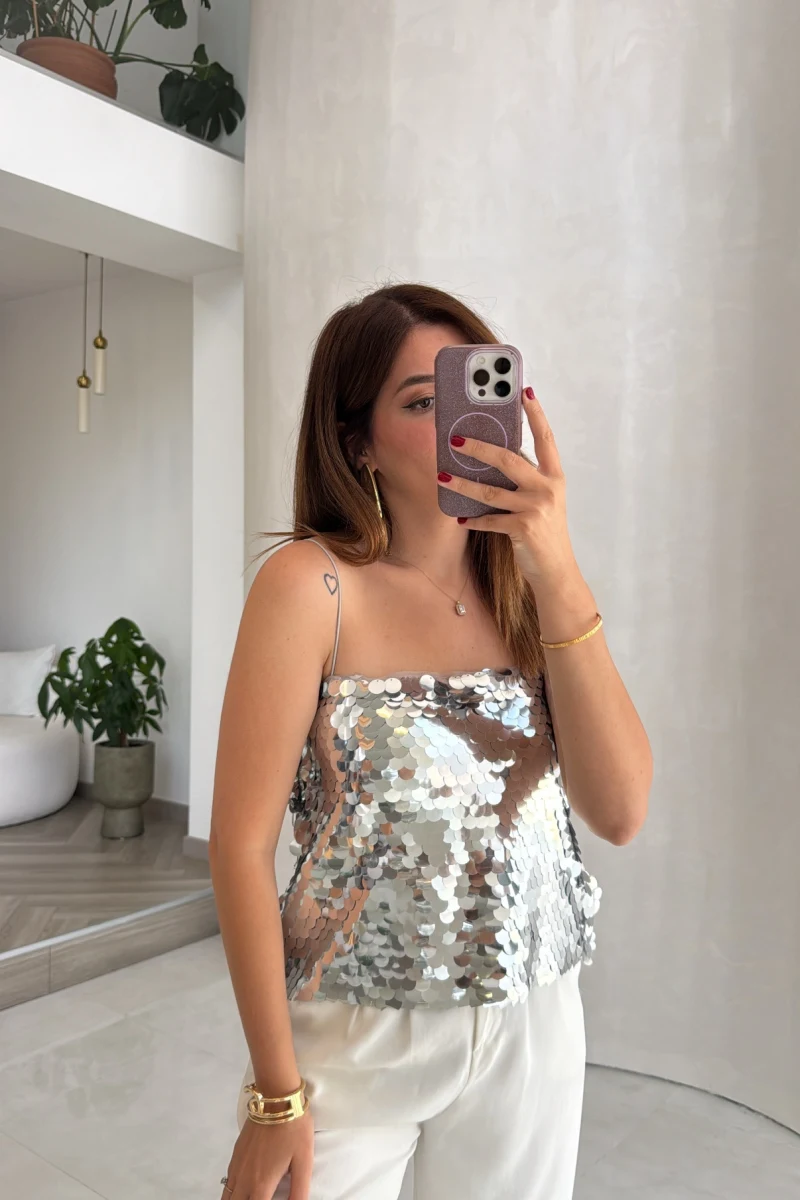 Payetli İp Askılı Bluz - Gümüş - Kod: 071950