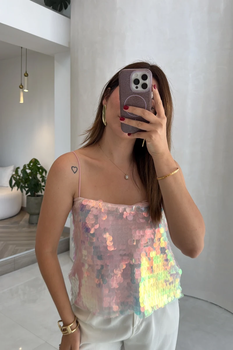 Payetli İp Askılı Bluz - Pembe - Kod: 071950