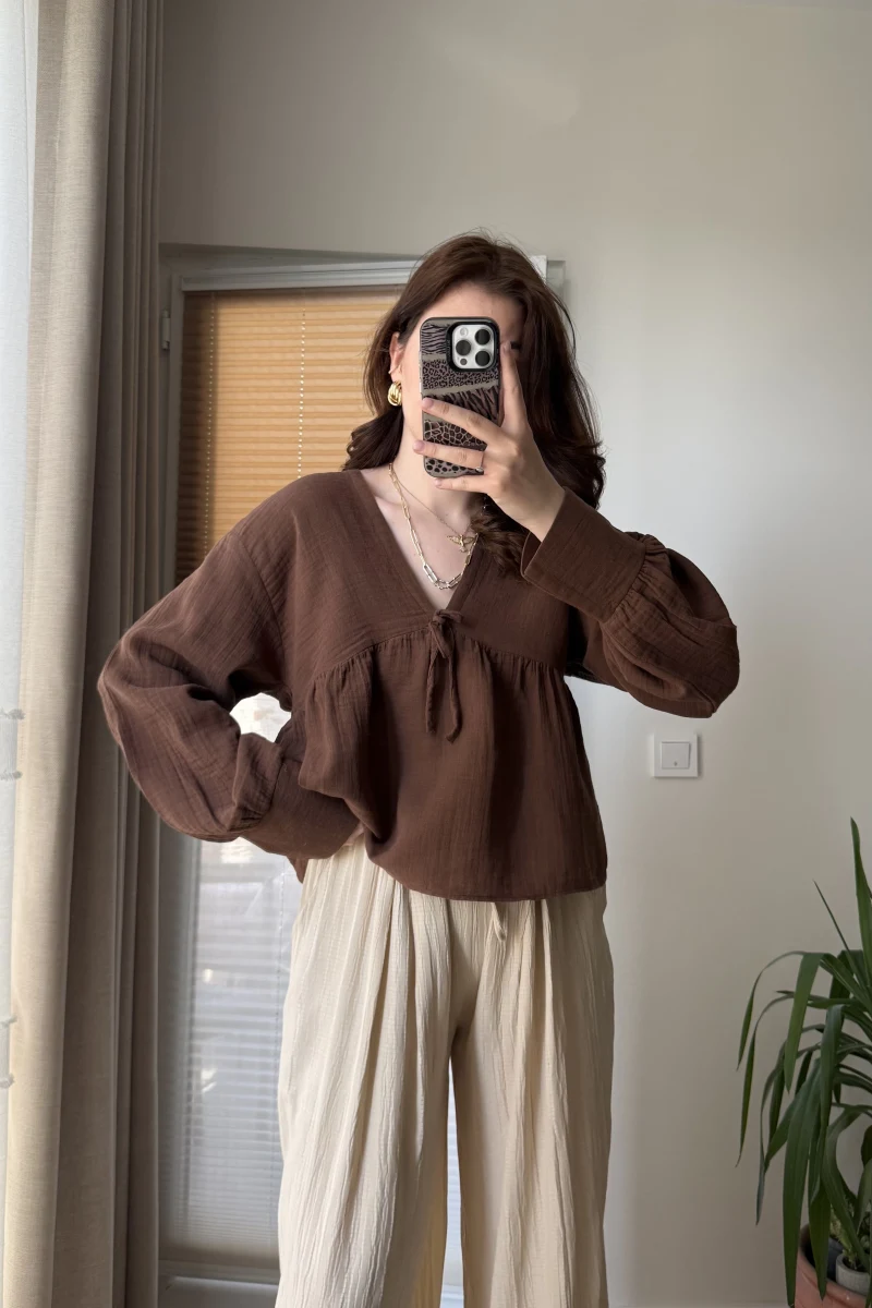 Payme Müslin Kumaş Bluz Acı Kahve