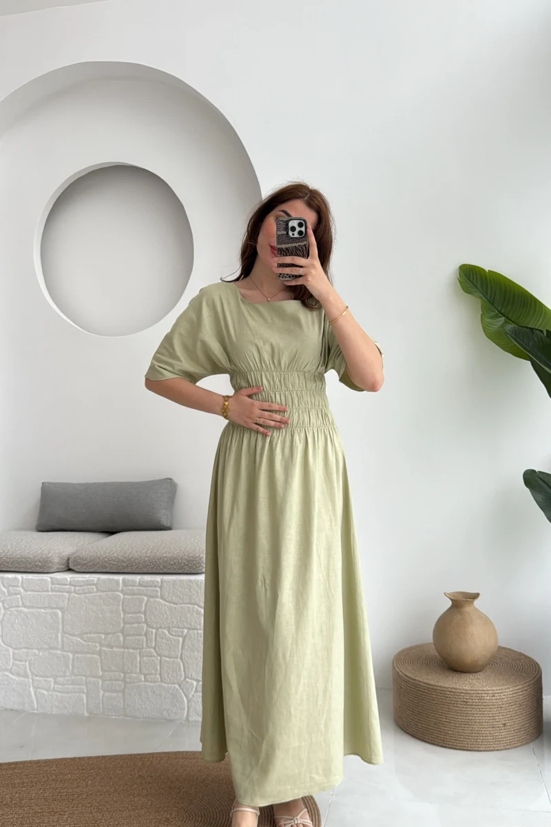 Peaches Keten Elbise - Haki