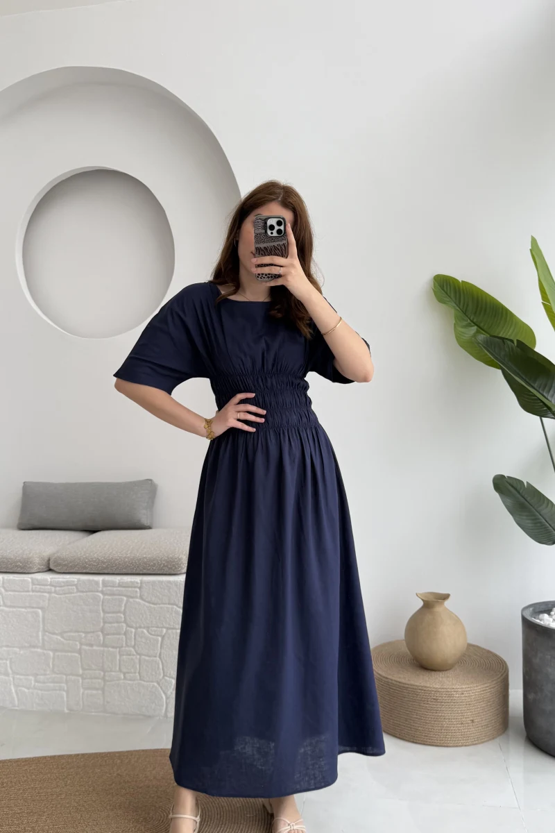 Peaches Keten Elbise - Lacivert