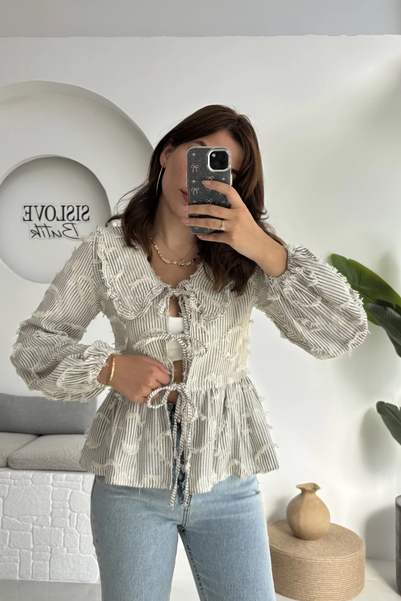 Pear Bebe Yaka Çizgili Bluz - Gri - 1035