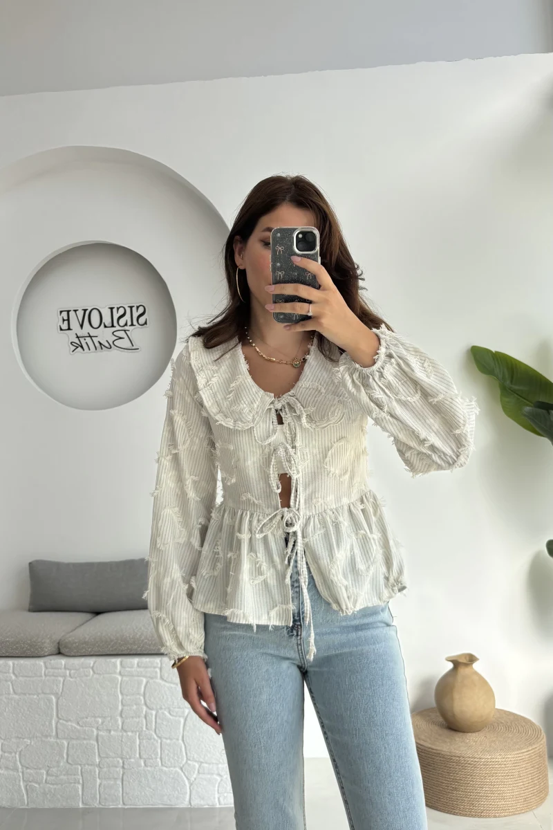 Pear Bebe Yaka Çizgili Bluz - Haki - 1035