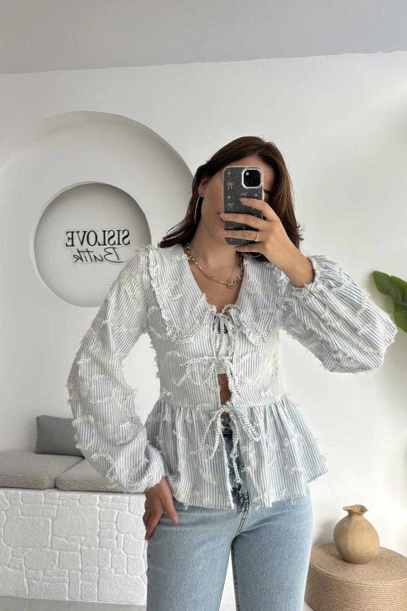 Pear Bebe Yaka Çizgili Bluz - Mavi - 1035