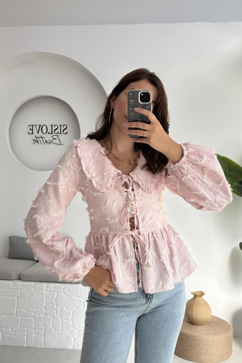 Pear Bebe Yaka Çizgili Bluz - Pembe - 1035