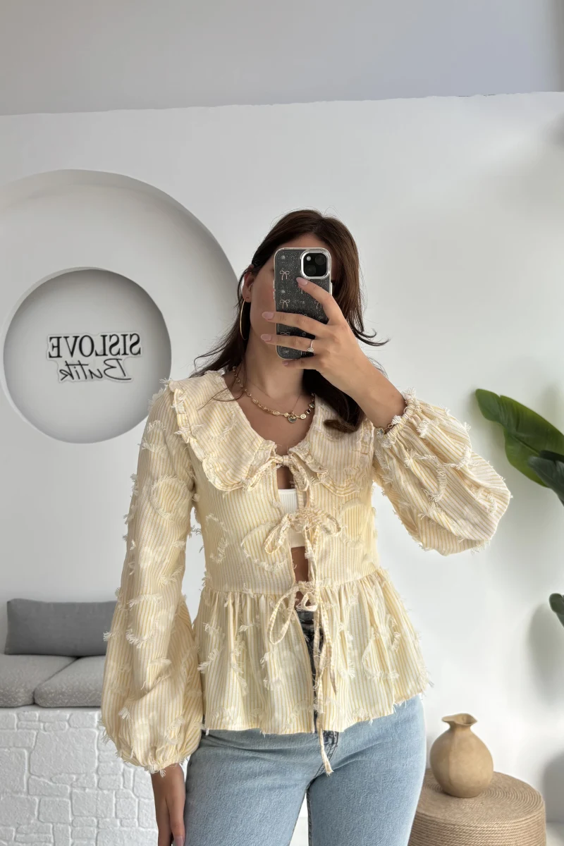 Pear Bebe Yaka Çizgili Bluz - Sarı - 1035