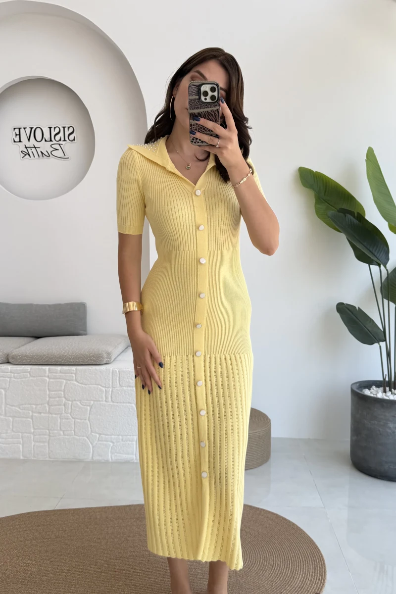 Pearl Yakası İnci Detay Elbise - Sarı