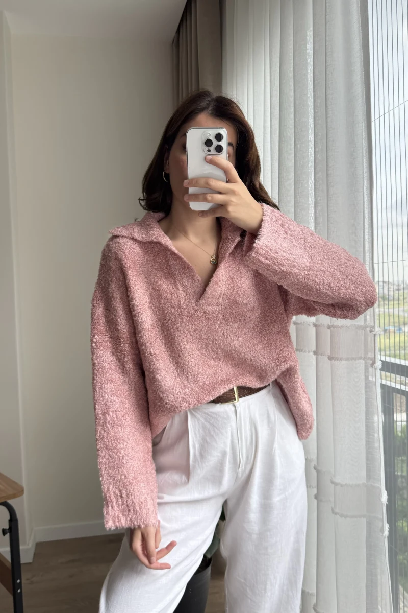 Peluş V Yaka Pembe Kazak