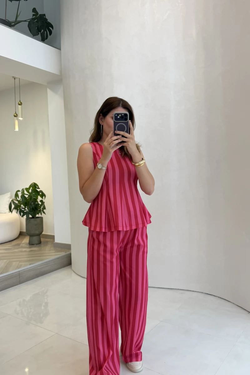Pembe Kırmızı Çizgili Bluz Pantolon Takım